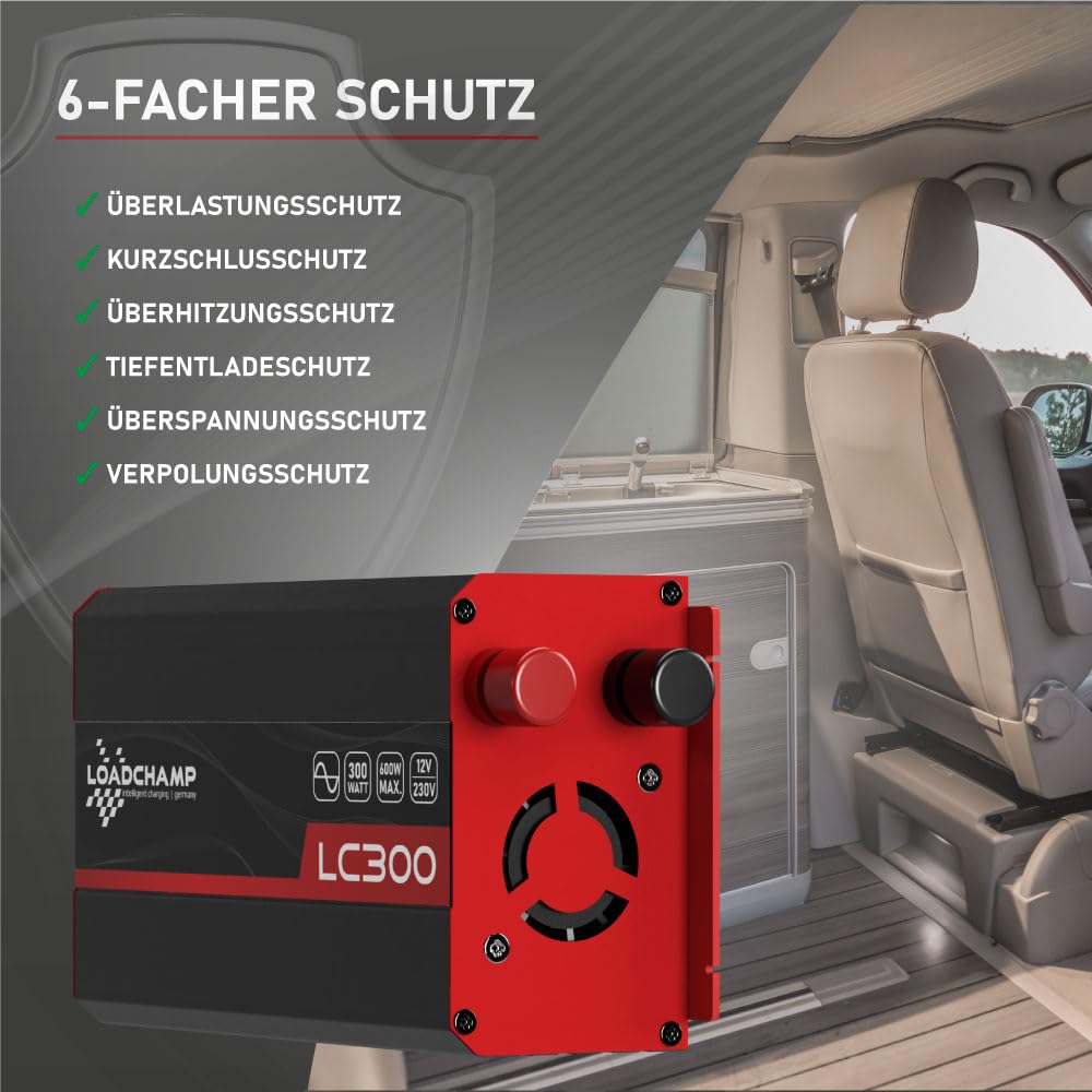 LOADCHAMP Wechselrichter 300W / 600W Reiner Sinus Spannungswandler 12v 230v Inverter LCD-Display Stromerzeuger Solar Wohnmobil