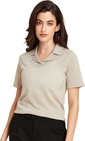 GreenMount Womens Cashmere Wool Lapel Neck T-Shirt Comfortable Top Short Sleeve in Summer