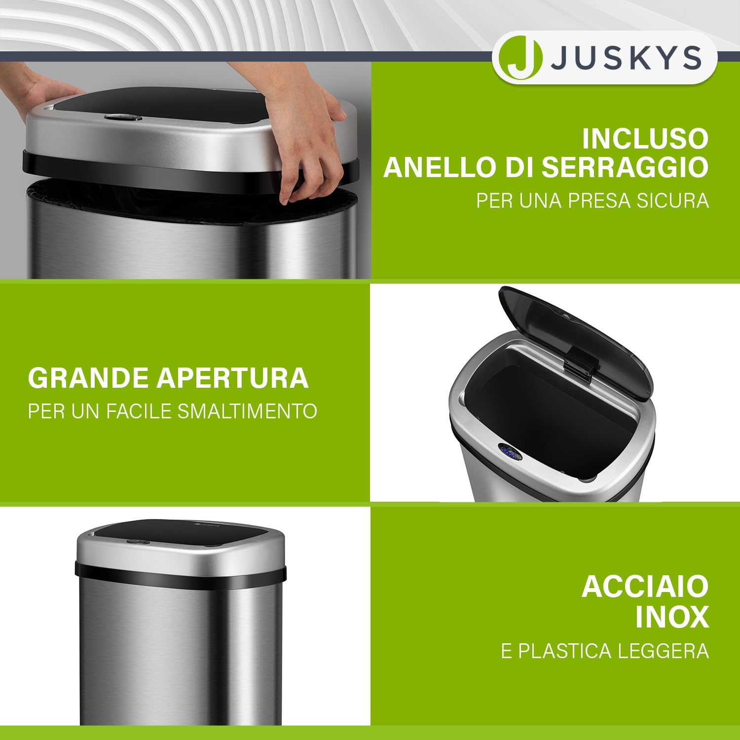 Juskys cestino elettrico e impermeabile da cucina con sensore di movimento, coperchio automatico, forma rettangolare - 50 L - Argento