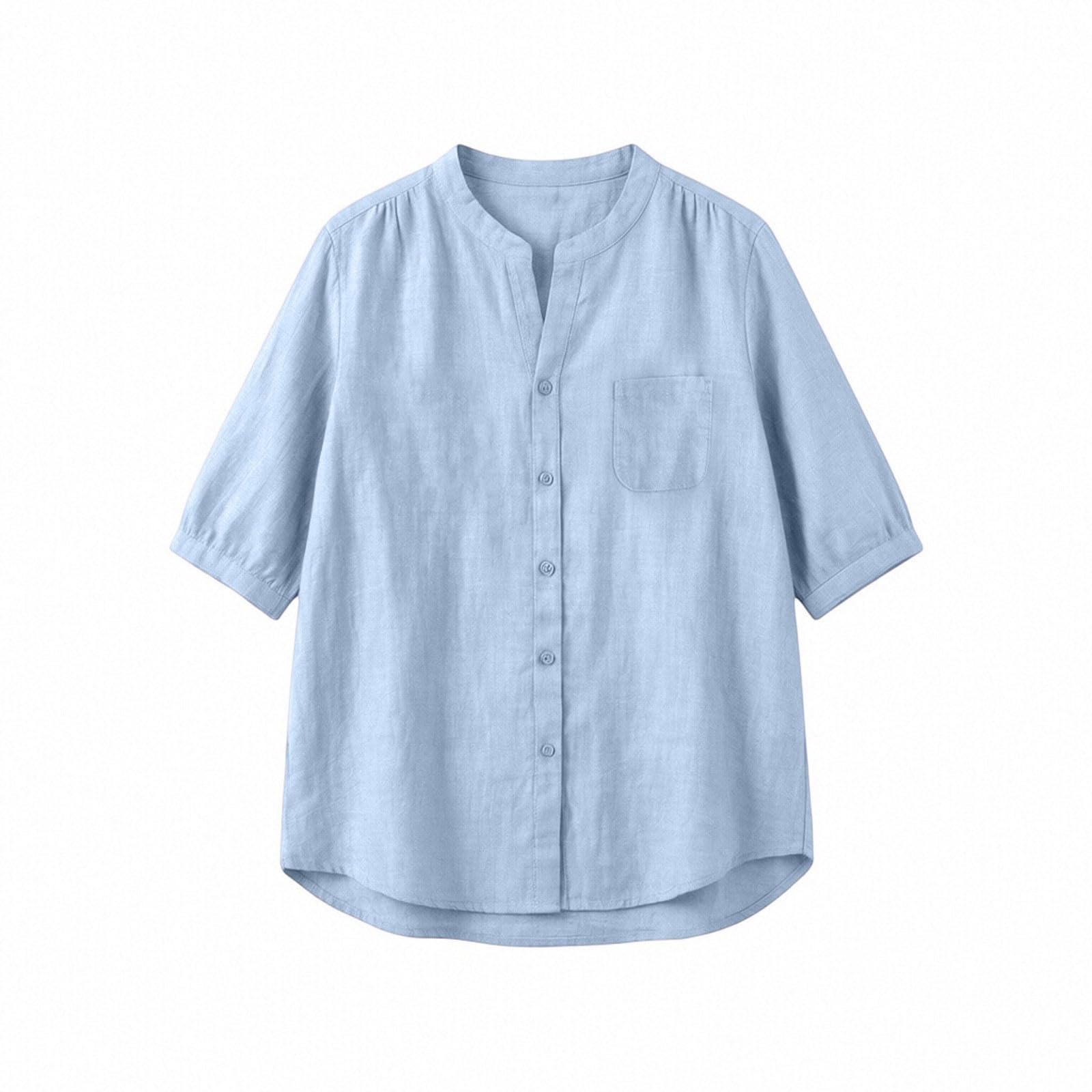 Leinenbluse Damen Musselin V-Ausschnitt Hemd Leinenhemd mit Taschen Leinen Kurzarm Sommer Oberteile Baumwolle Tops mit Knöpfe Casual Bluse Locker Shirt Leichte Tunika Bequem Hemdbluse