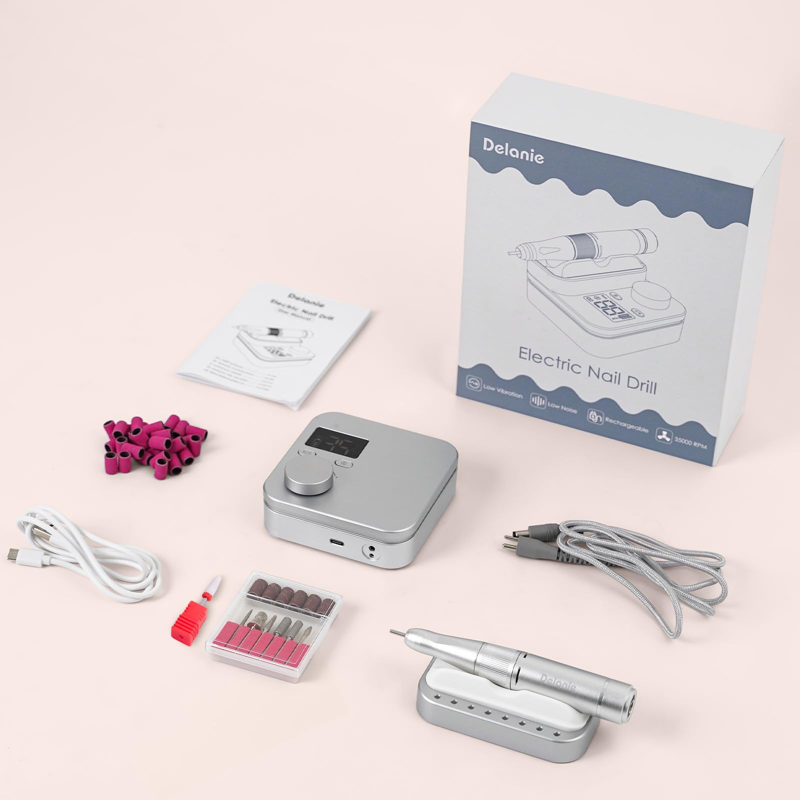 Delanie Ponceuse pour Ongles Sans Fil Professionnel 35000RPM ,Lime à Ongles Électrique Rechargeable avec Pause Bonton pour Manucure Pédicure