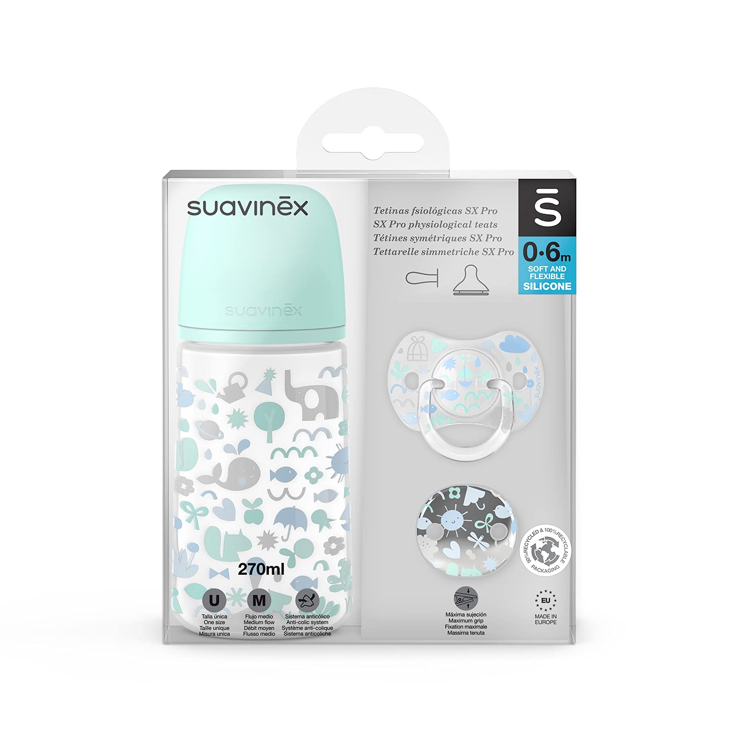 Suavinex, Pack Recién Nacido Sx Pro 0-6 Meses. Contiene: Biberón Anticólico de 270 ml Flujo Medio + Chupete Tétina Fisiológica Sx Pro en Silicona + Cadena Sujeta Chupete. 3 Productos. Memories Azul