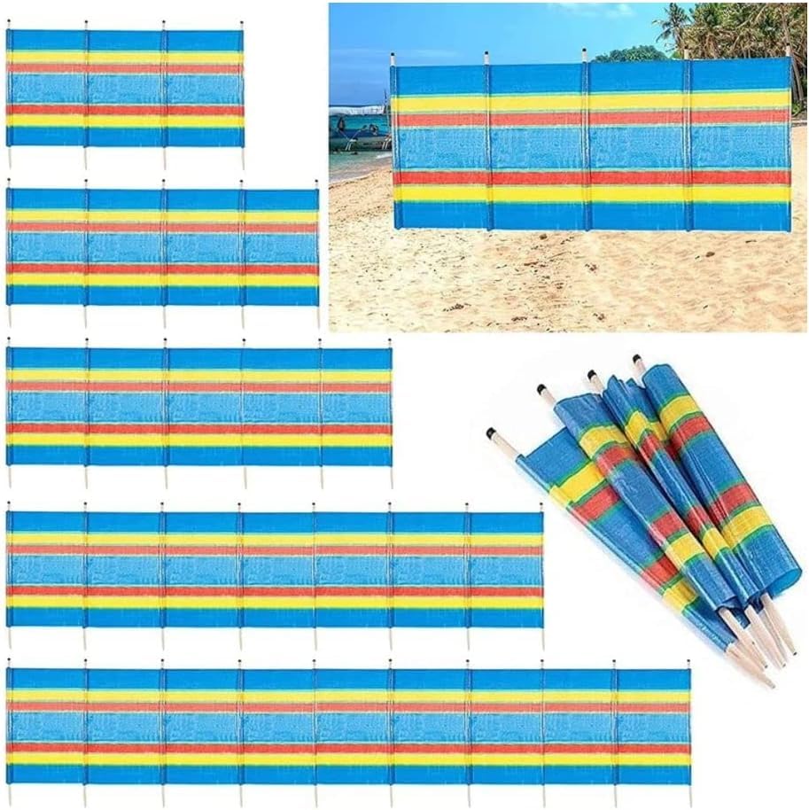 MEHRU Multi-Coloured Wind Breaks, 4, 5, 6, 8, & 10 Wooden Beach Windbreak Screen, Wooden Pole Bright Wind Break & Sun Shelter for Camping Accessories, Privacy Screen Wind Breakers Camping. (4 pole)