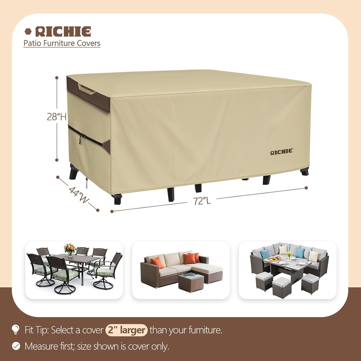 Outdoor Patio Furniture Cover - Heavy Duty Waterproof 600D Tough Canvas Protector for Rectangular Table Cover, All-Season Dining Table and Chair Covers (72L x 44W x 28H Inch) Rectangular-72"(L)x44"(W) Beige & Brown