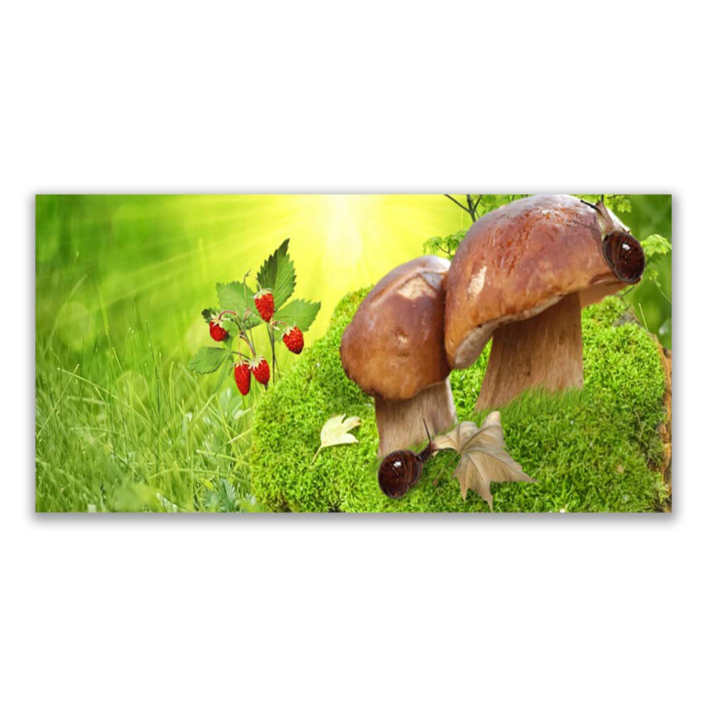 Tableau mural moderne Tulup en verre trempé 140x70 cm décor de forêt champignons et fraises