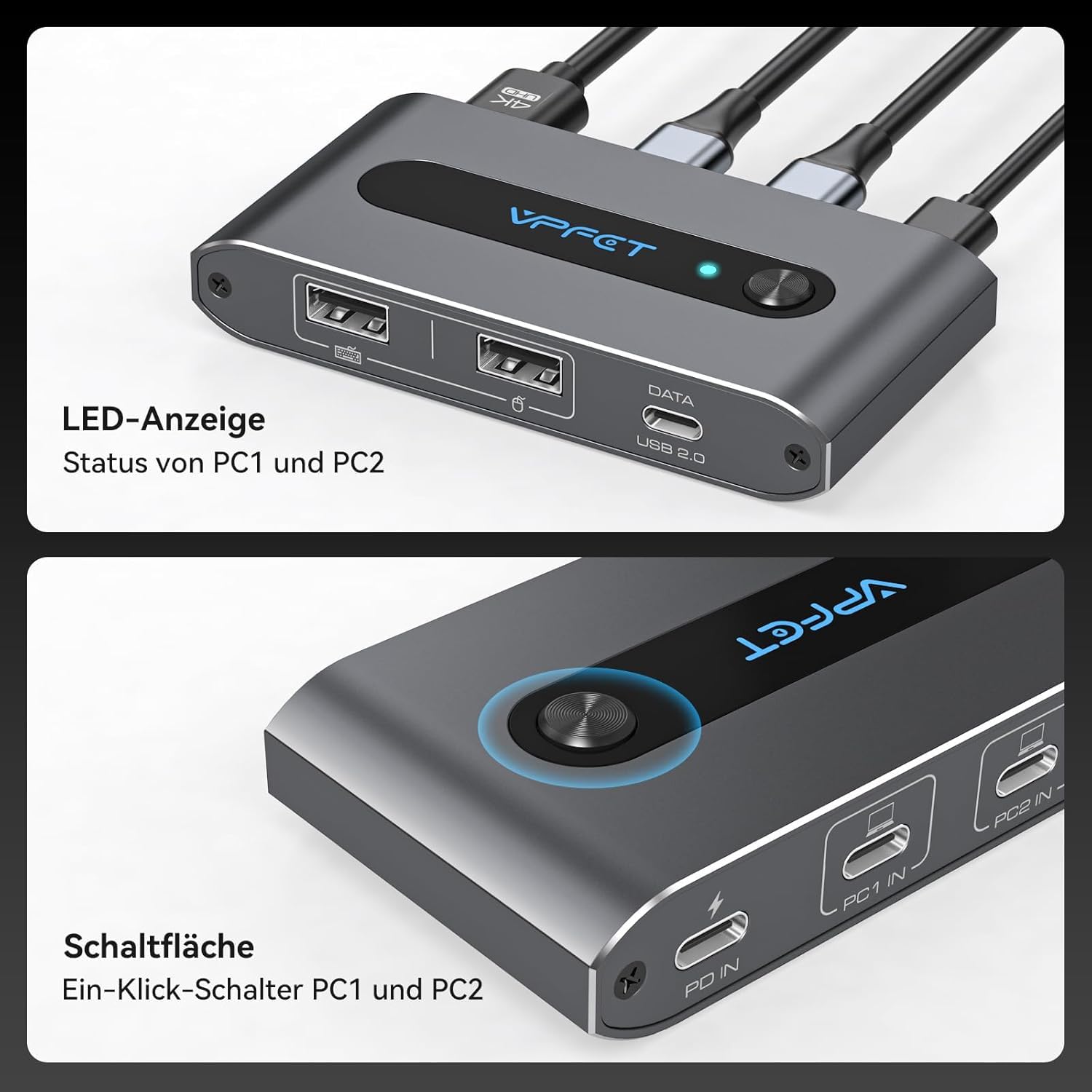 VPFET USB C KVM Switch 2 PC 1 Monitor HDMI 4K 60 Hz przełączniki KVM dla dwóch laptopów i Macbooka 100W PD do współdzielenia 1 zestawu klawiatury, myszy i pojedynczego monitora (szary)