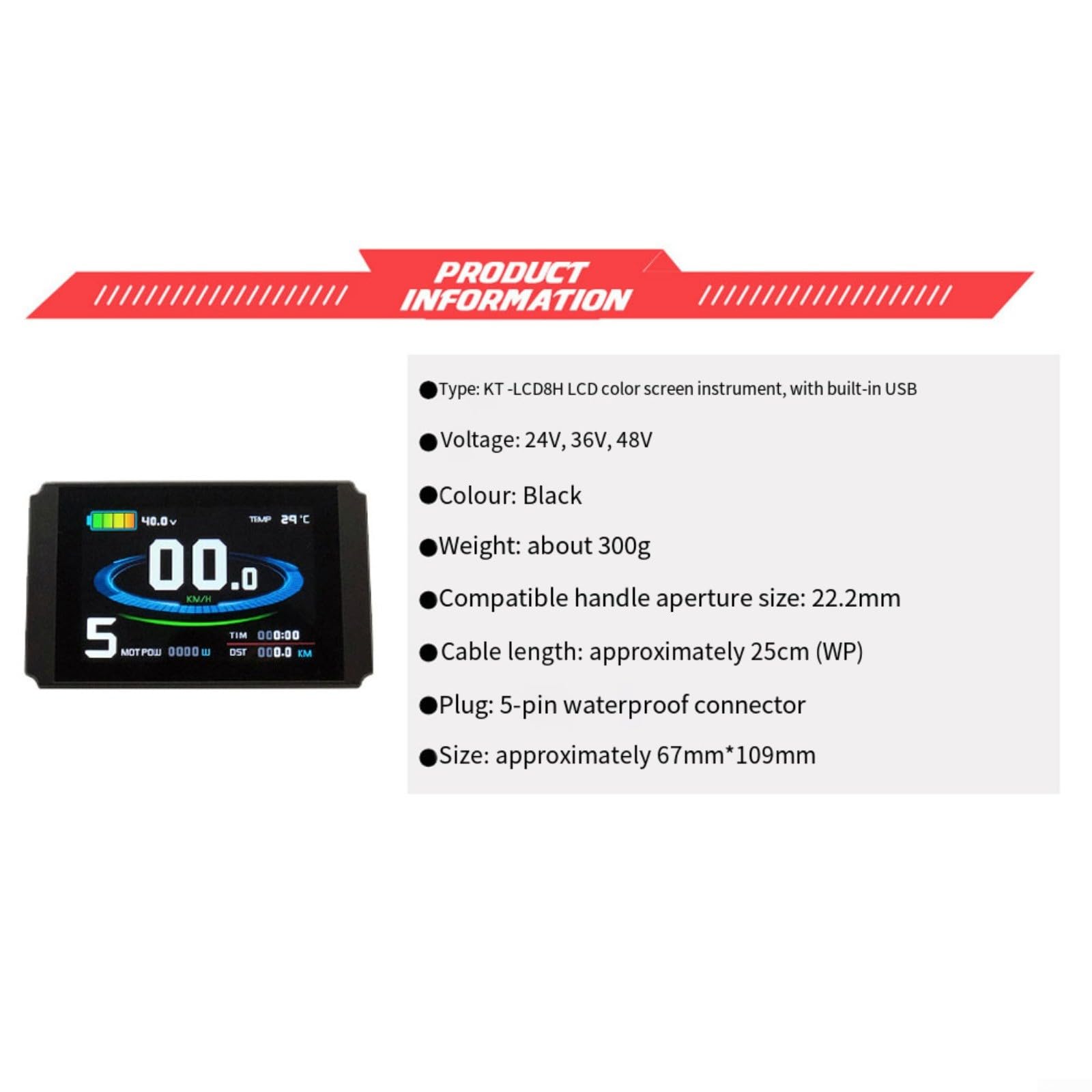 LCD8HU Ebike Display Per Controller KT Schermo a Colori 24V-48V Porta USB Impermeabile Dati Velocità In Tempo Reale Materiale ABS Ciclismo Pendolarismo