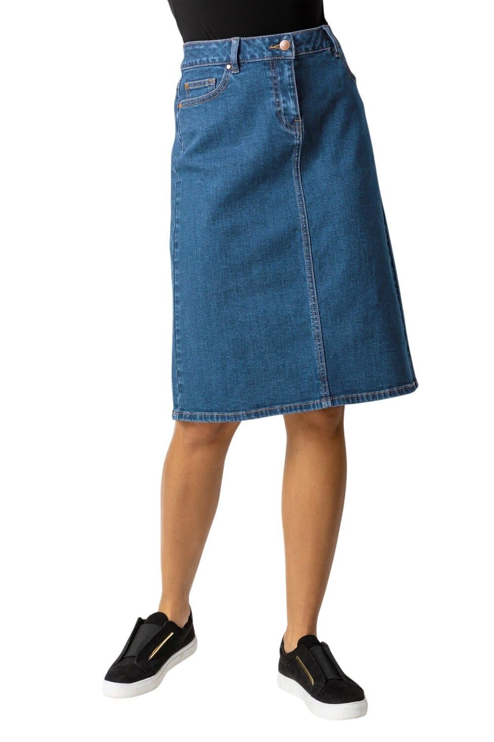 Denim Skirt with Pockets for Women UK - Ladies Jean Skirts Cotton Stretch Mid Wash Fitted A Line Casual Smart Work Office Knee Length Flattering Slimming