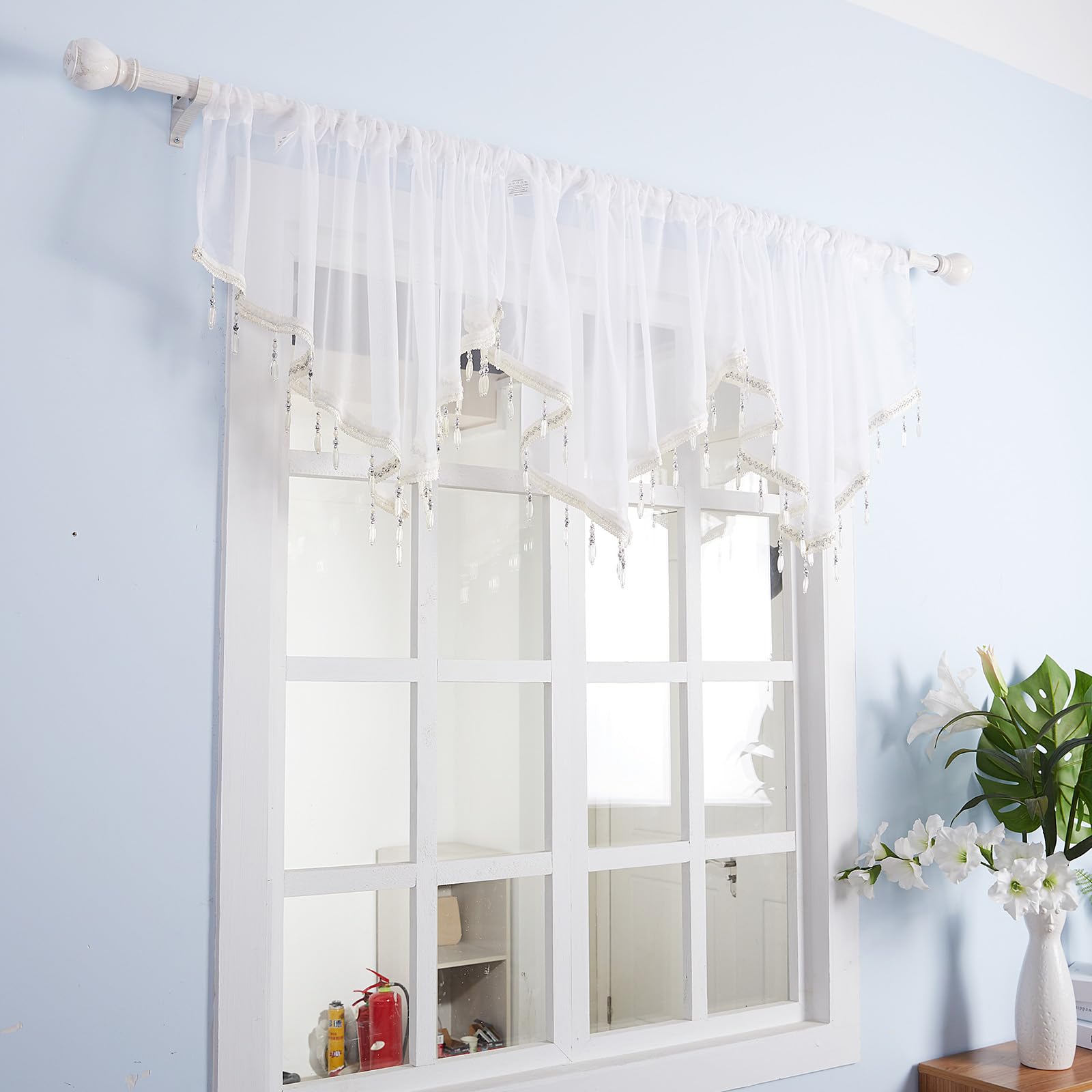 Molaxhome Lace Valance Swag Curtain 51 Inch Scalloped Sheer Curtain Panels with Crystal Beads - Image 2