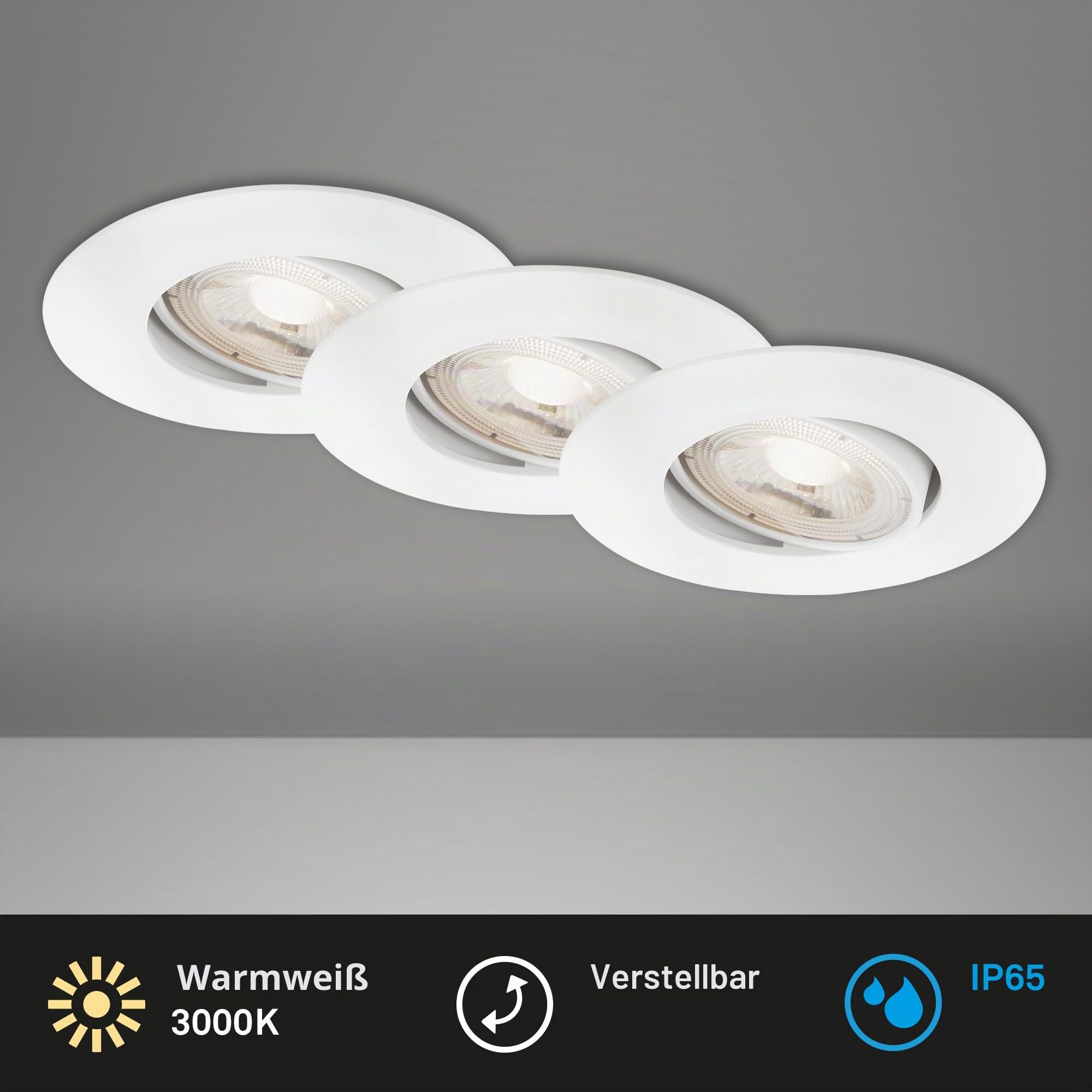 BRILONER - 3er Set LED Einbaustrahler 230V, LED Strahler Badezimmer IP65, Deckenstrahler stufenlos dimmbar, Spots, Deckenspots, Badezimmerlampe, Weiß, 90x42 mm (DxH)