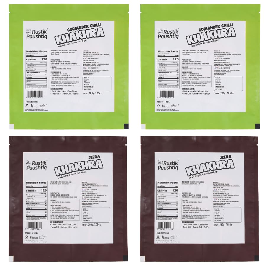 Image of RUSTIK PAUSHTIQ Baked Khakhra Combo - 200g x 4 Packets | 2 Jeera & 2 Coriander Chilli Flavours | Whole Wheat Crispy Snacks | No Palm Oil | Ready to Eat Tea Time Snack | 800g
