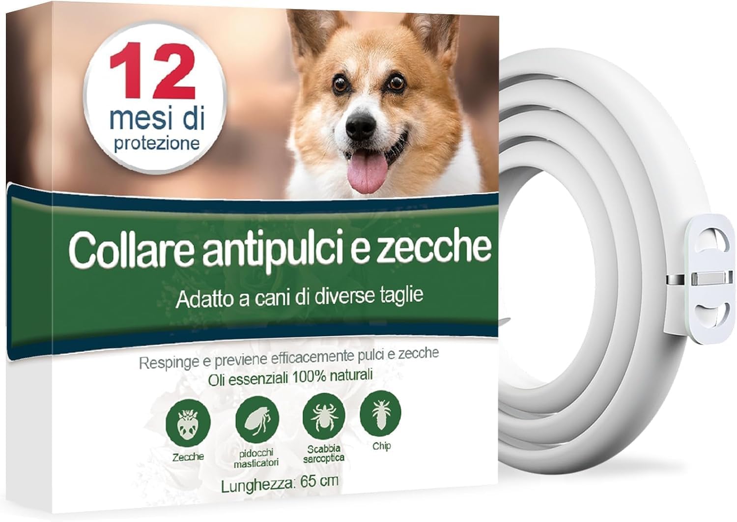 Collare Antiparassitario per Cani, Antiparassitario Collare Antipulci cane per Tutti i Tipi di Cani, Regolabile Impermeabile, 12 Mesi di Efficacia Protezione, 65cm Taglia Unica (65cm)
