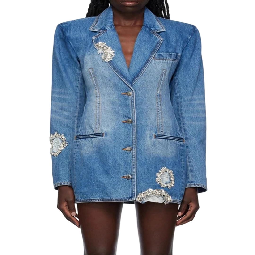 Womens Distressed Bead Detail Jacket Lapel Long Sleeve Street Style Blazer