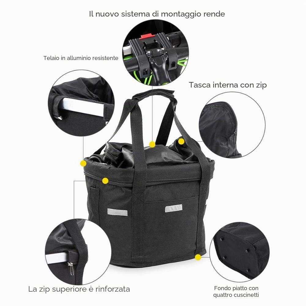 Cestino anteriore per bicicletta, staccabile, in tela, pieghevole, rimovibile, per manubrio della bicicletta, organizer per animali domestici, gatti, cani