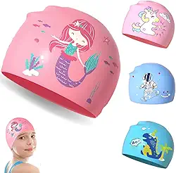 Touca de Natação Infantil em Silicone, Impermeável, Desenhos Divertidos, Rosa e Azul