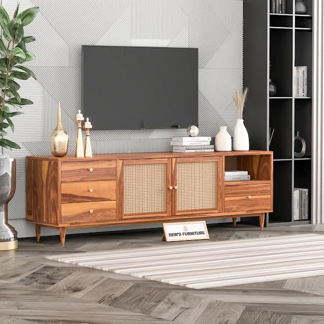 OCTANGLE Solid Sheesham Wood Tv Unit for Living Room with Rattan Dishplay - Free Standing Multipurpose Media Console Tv Cabinet Sideboard - Tv Table Fully Storage (Teak Finish)-image-40