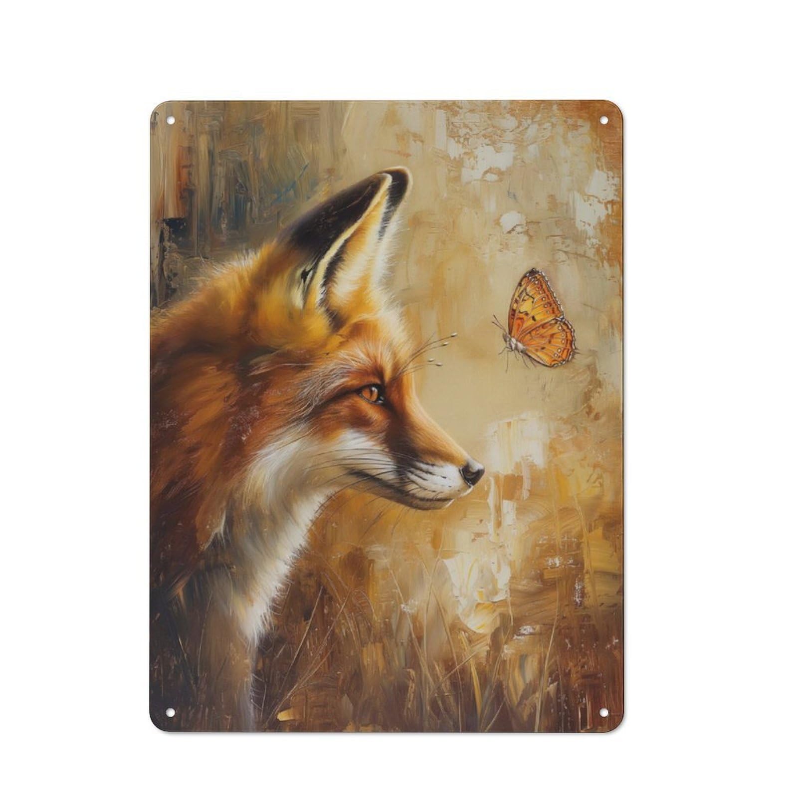 Nostalgic Fox Butterfly Oil Painting Decorative Tin Sign 40x30cm, Vintage Wall Decor for Lounge, Study, Pub Or Wall Gallery