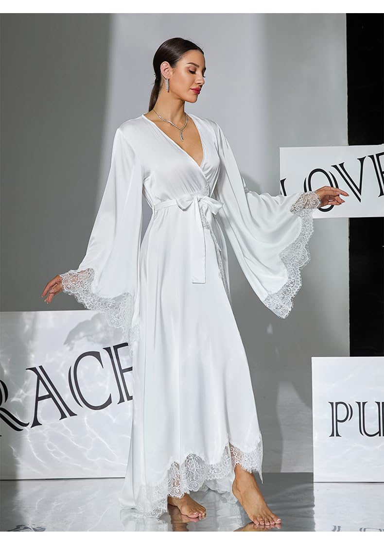 Pyjama Bride Nuisette Sexy À Manches Cloche Et Traîne Longue en Satin Style Français avec Dentelle pour Femme.