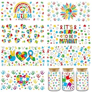 INCOK Autismus-Bewusstseins UV-DTF Becheraufkleber, 8 Bögen
