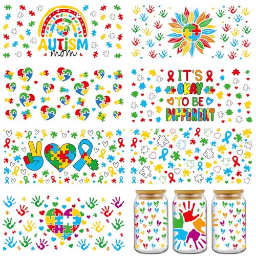INCOK Autismus-Bewusstseins UV-DTF Becheraufkleber, 8 Bögen