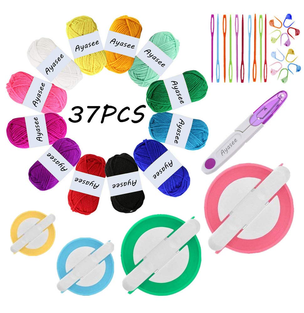 Pompom Maker Kit, Knitting Loom Fluff Ball Weaver Needle Craft DIY Knitting Crochet Tool Kit,4PS Pompom Maker+10PS Knitting Stitch Markers+10PS Plastic Needles+12PS Acrylic Yarn+1PS Scissors(37b)