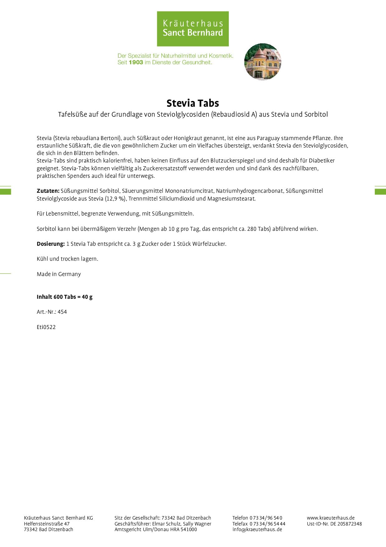 Sanct Bernhard Stevia-Tabs - 600 Tabs im Dosierspender + 2.500 Tabs Nachfüllpackung