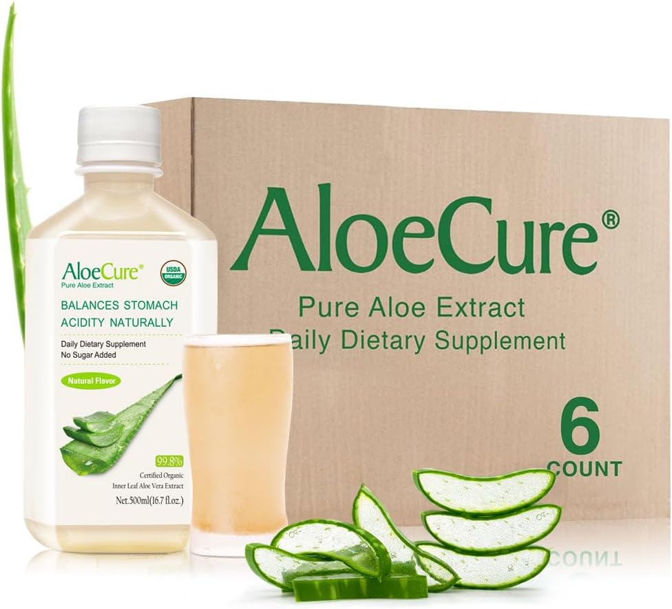 USDA Organic Aloe Vera Juice Made Within 12 Hrs of Harvest - Pure Aloe Juice Natural Digestive Supplement to Support Digestion, Immune System and Balanced Stomach Acidity, 6 x 500ml Bottles
