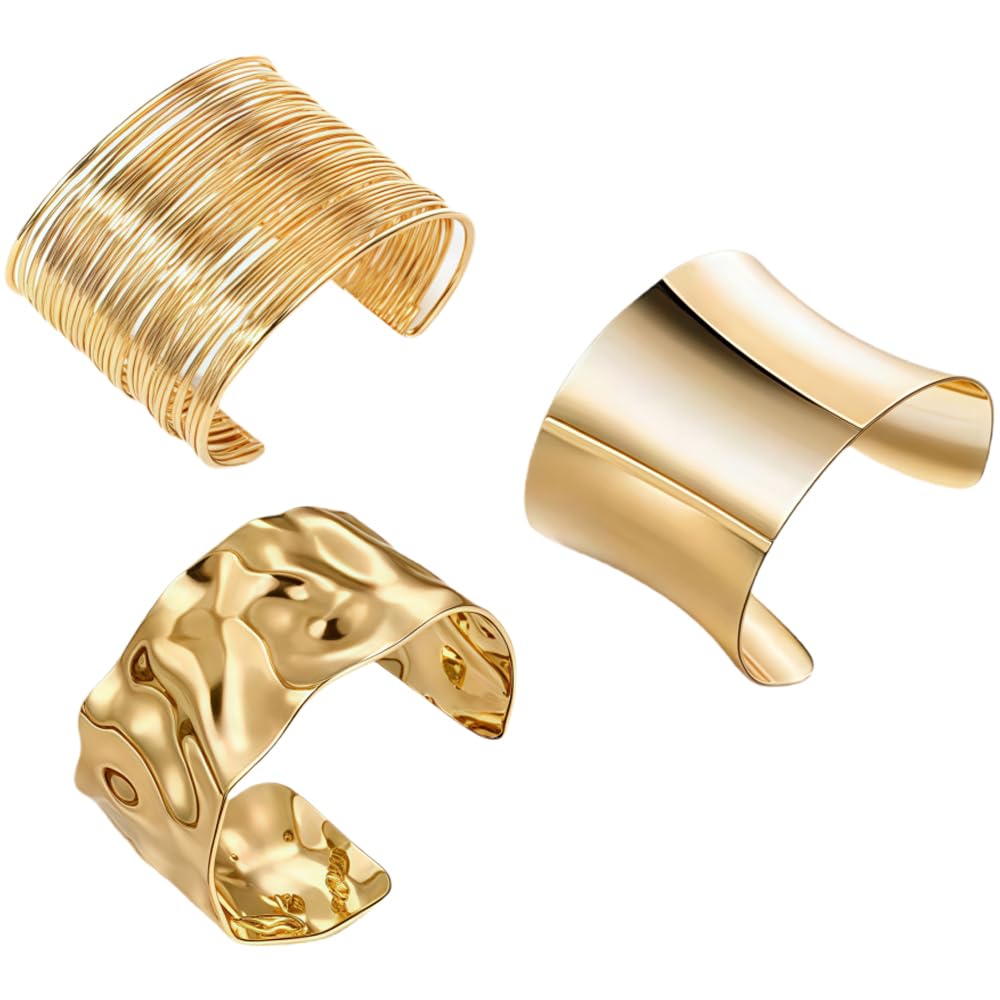 XFSRG Pulseras Mujer Doradas Set 3 Piezas Brazaletes Abiertos Anchos Estilo Minimalista Irregular Joyería de para Fiesta y Uso Diario