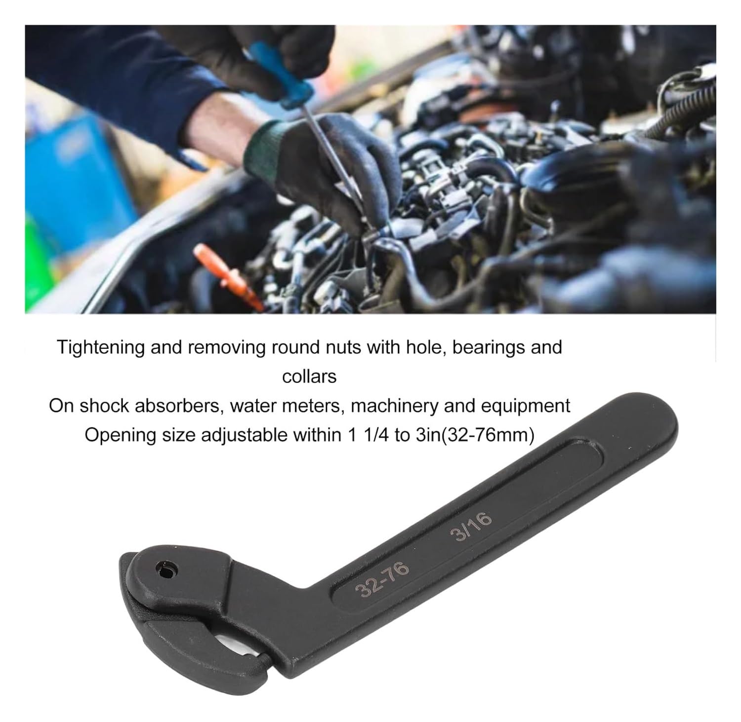 Llave de gancho de llave, cabeza redonda ajustable de 1 1/4 a 3 pulgadas, CRV para equipos mecánicos de vehículos, ideal para apretar tuercas y rodamientos