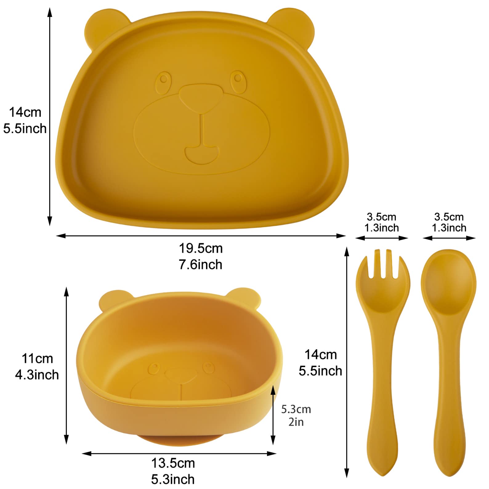 Set Vaisselle pour Bébé Silicone avec Ventouse, 4 Pièces, Set Repas pour Enfants, Inclus Anti-dérapant Assiette, Bol, Cuillère + fourche, Compatible Lave-vaisselle, Micro-onde, sans BPA (jaune)