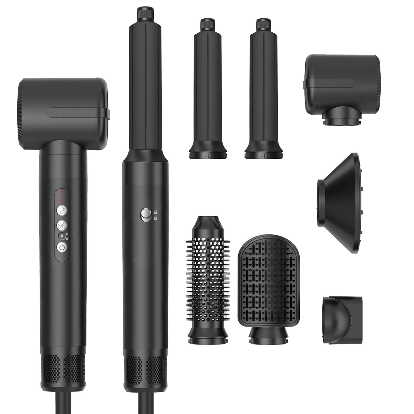 UKLISS Airstyler Pro with all 7 attachments: 30.5mm Auto Left/Right Hair Curler, Round Brush, Massage Brush, Uniform Air Hair Dryer, Smooth Nozzles, and Diffuser.