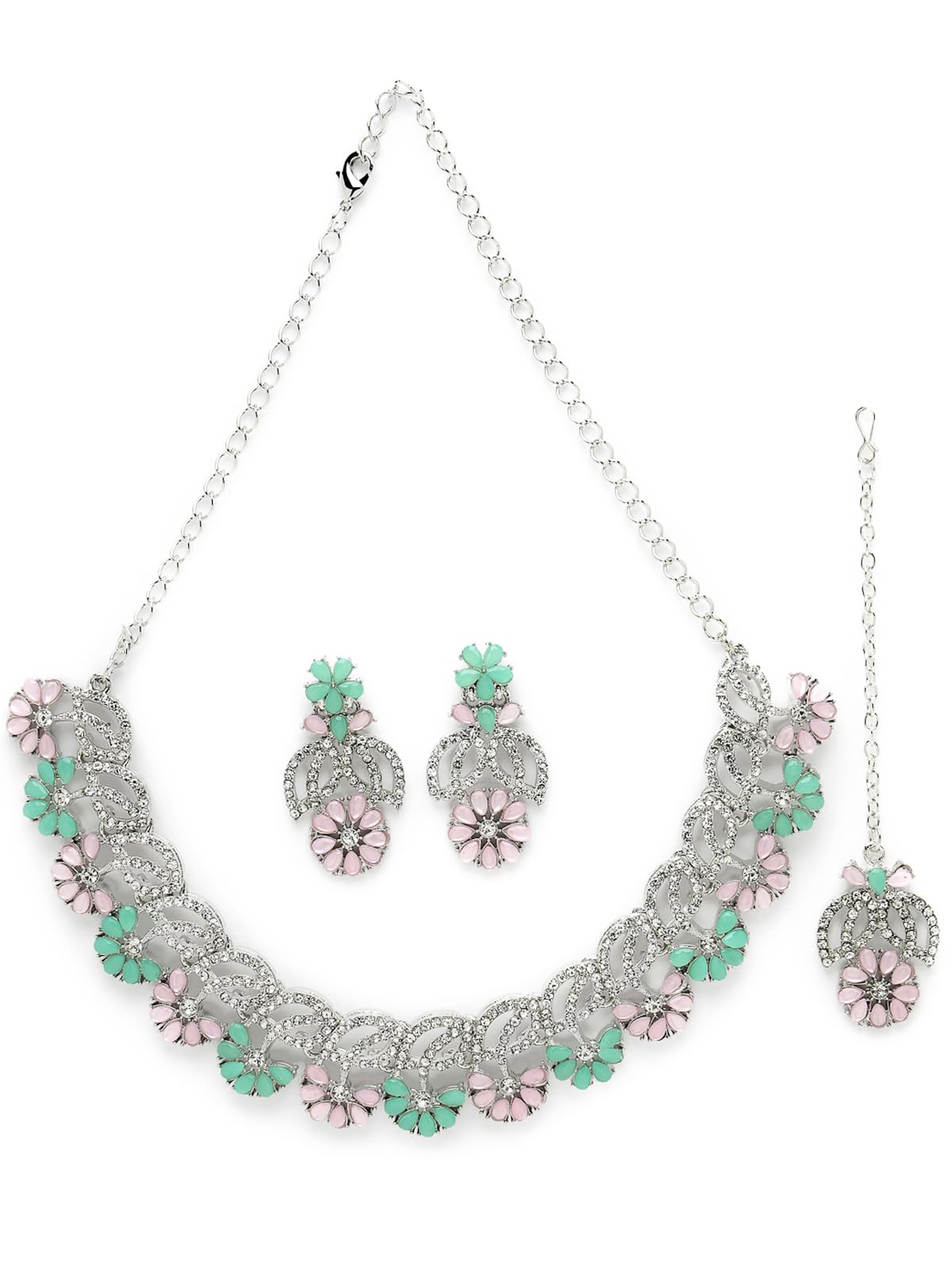 Sukkhi Bridal Rhodium Plated AD White Stones Floral Collar Bone Necklace Set With Earring And Maangtika | Jewellery Set For Women (NS105602) (B0CBBB2PBL) Amazon Price History, Amazon Price Tracker