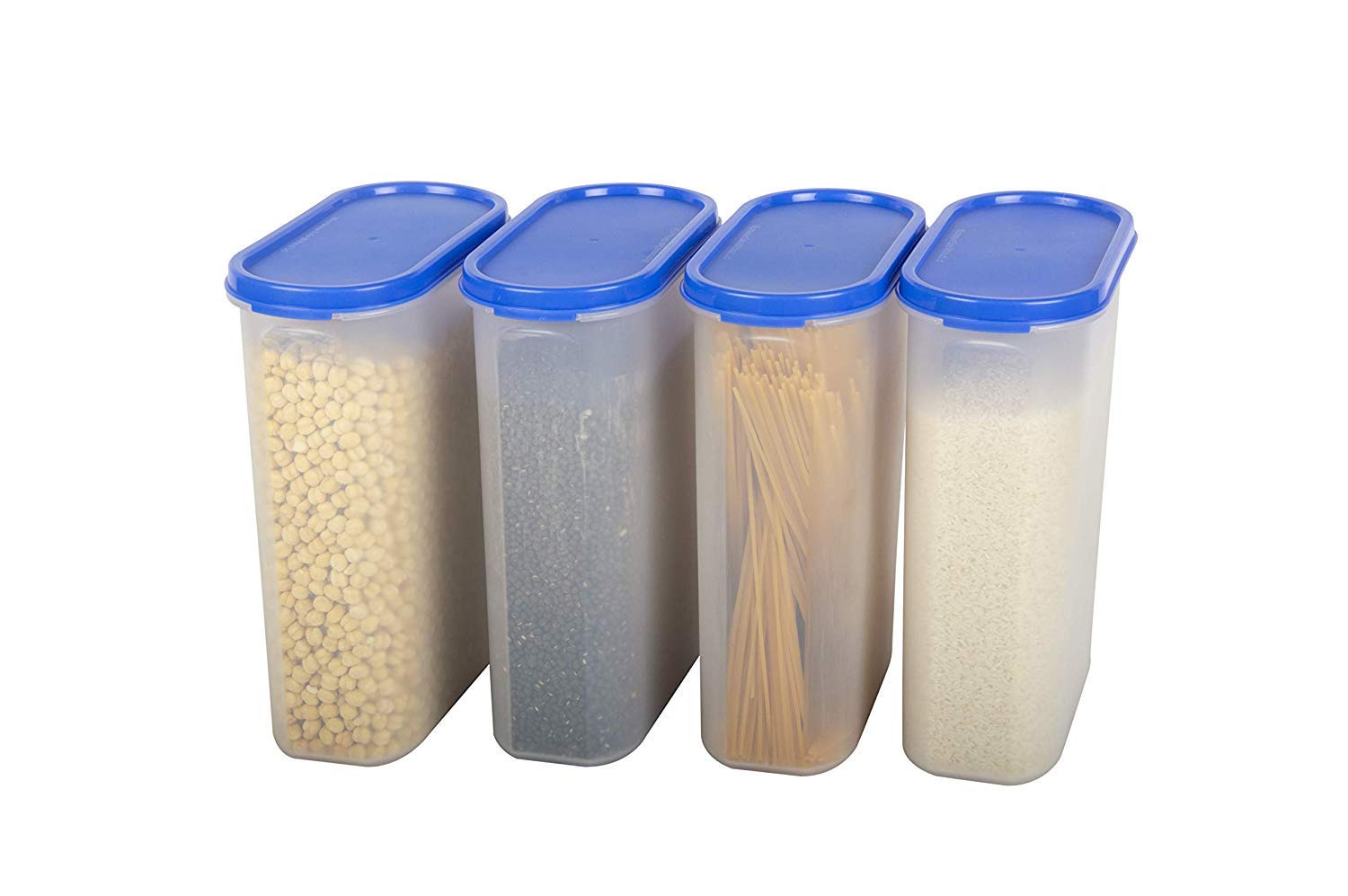 Cutting Edge Essentials Stackable BPA-Free Modular Design Air Tight Kitchen Storage Container Set with Plain Lids for Kitchen Organiser, Pulses, Aatta, Rice, Grains, (2400ml, Peppy Blue) - Set of 4