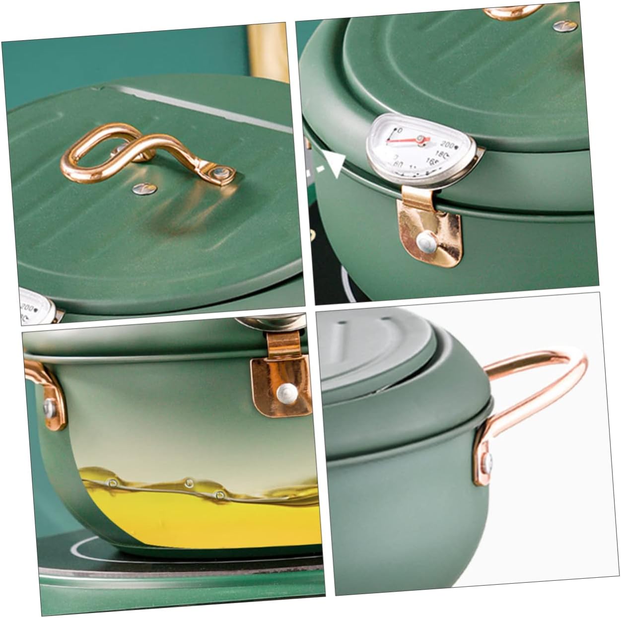 Stainless Steel Deep Fryer Pot with Thermometer Splash Oil Strainer Frying Pan for Household Cooking Nonstick Coating Green Japanese Style Kitchen Tool for Restaurants and Parties