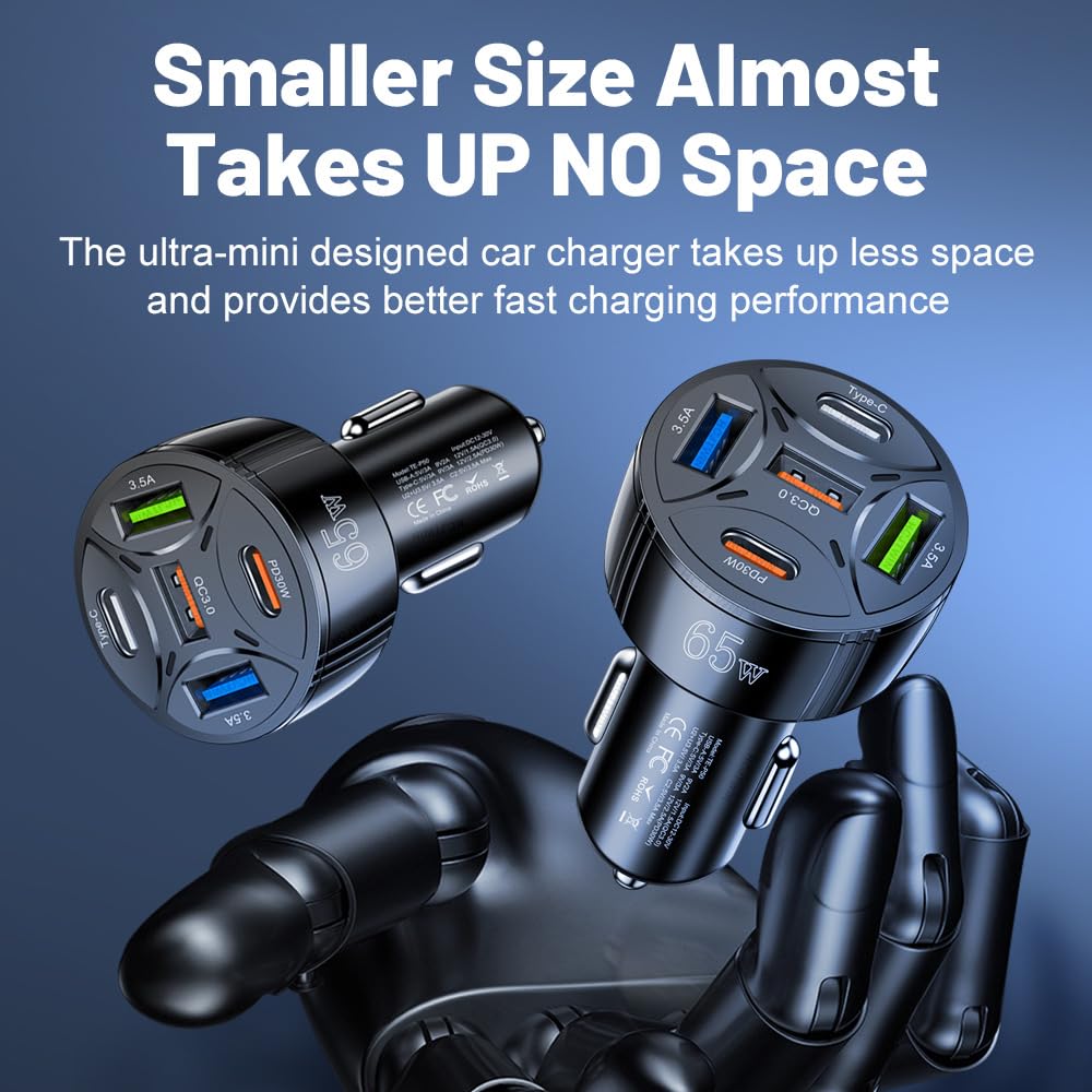 Alanph 65W 5 Ports Car Charger USB Adapter, Type C PD30W &QC3.0 Fast Charging Car Cigarette Lighter USB Charger for iPhone/Android/Samsung/iPad Pro, and More (Black)