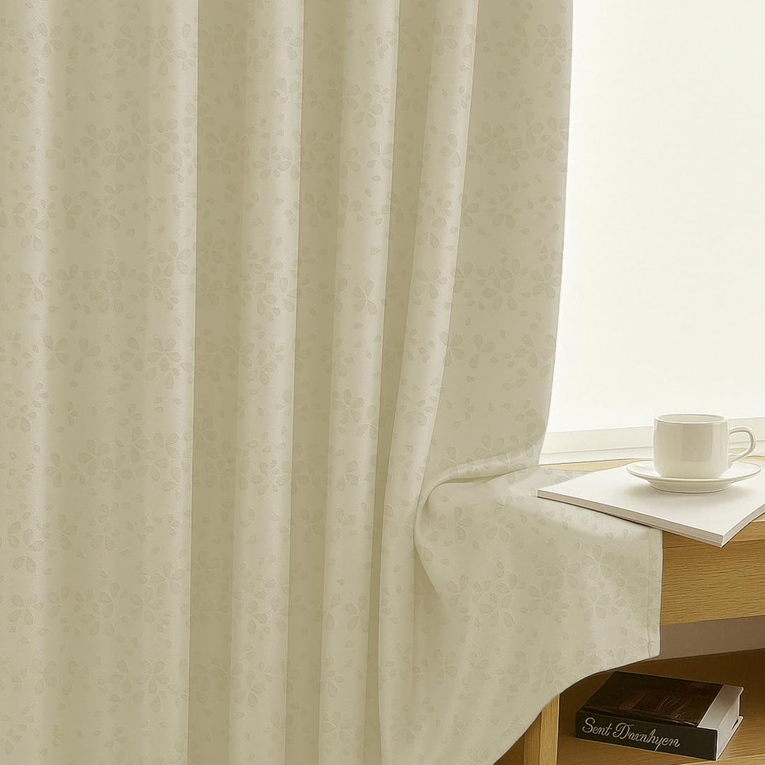 LINENWALAS 100% True Blackout Curtains 7.5 Feet Long - 1 Panel Curtain, Raindrop Floral Design Complete Light Block Thermal Insulated & Noise Reducing Room Darkening Curtains (Raindrop Beige)