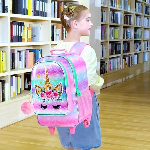 Miniatura 9 de CCJPX Mochila escolar con ruedas de unicornio de 3 piezas para niñas, juego de mochila escolar con ruedas enrollables de 18 pulgadas, bolsa escolar