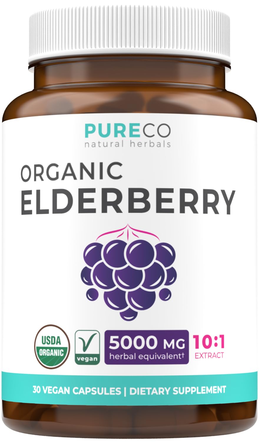 Organic Elderberry Capsules - 10:1 Extract Equals 5,000mg of Fresh Elderberries (Vegan) for Immune Support, Allergy, Sinus Relief - Sambucus Nigra - Black Elderberry - 30 Caps (No Pills or Gummies)