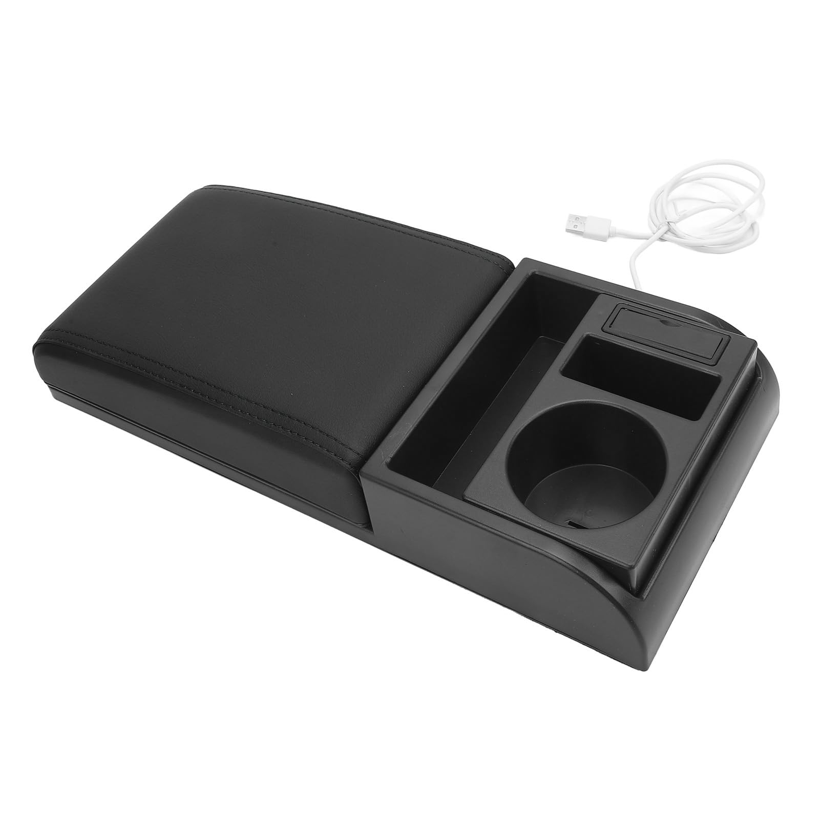 Copri Bracciolo Console Centrale con Porta di Ricarica USB, Portabicchieri, Lunghezza Regolabile, Morbida Pelle PU, Imbottitura in Memory Foam per Auto SUV Camion Furgone (Nera)