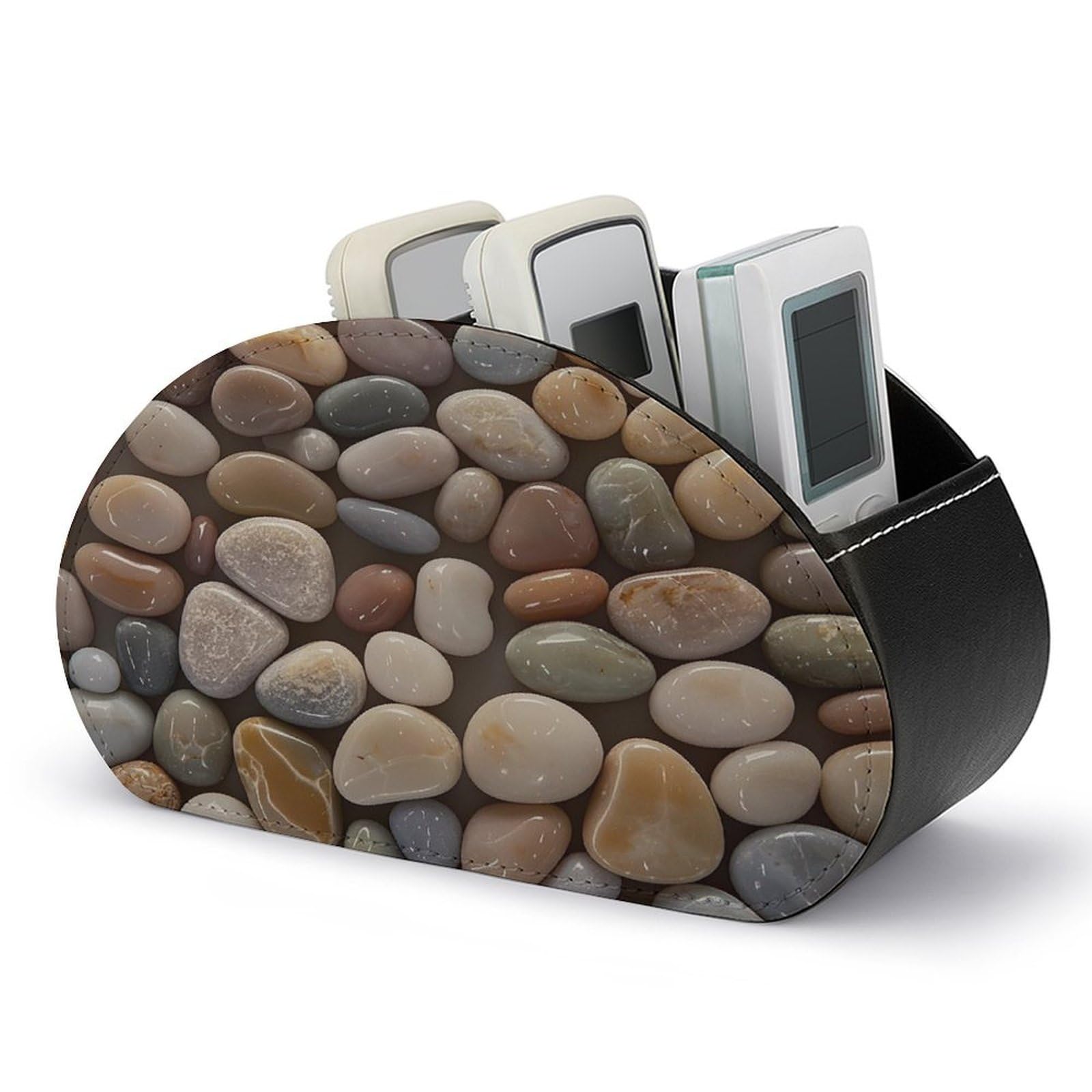 FekiLoot Leather TV Remote Control Holder with 5 Compartments Multifunctional TV Remote Holder Bedside Table Remote Caddy Storage Box Petoskey Stone Remote Organizer for Home Office