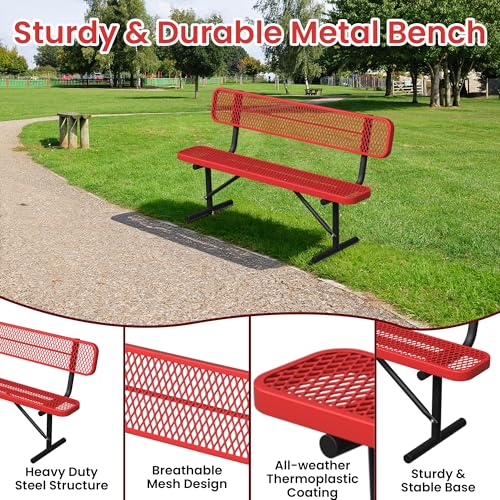 Image of 6ft Metal Park Bench with Backrest, Heavy-Duty Steel Outdoor Bench Weatherproof Playground Bench Seats, Commercial Garden Benches Red Dock Benches for Lawn, Park, Deck,Patio, Porch, Easy Installation