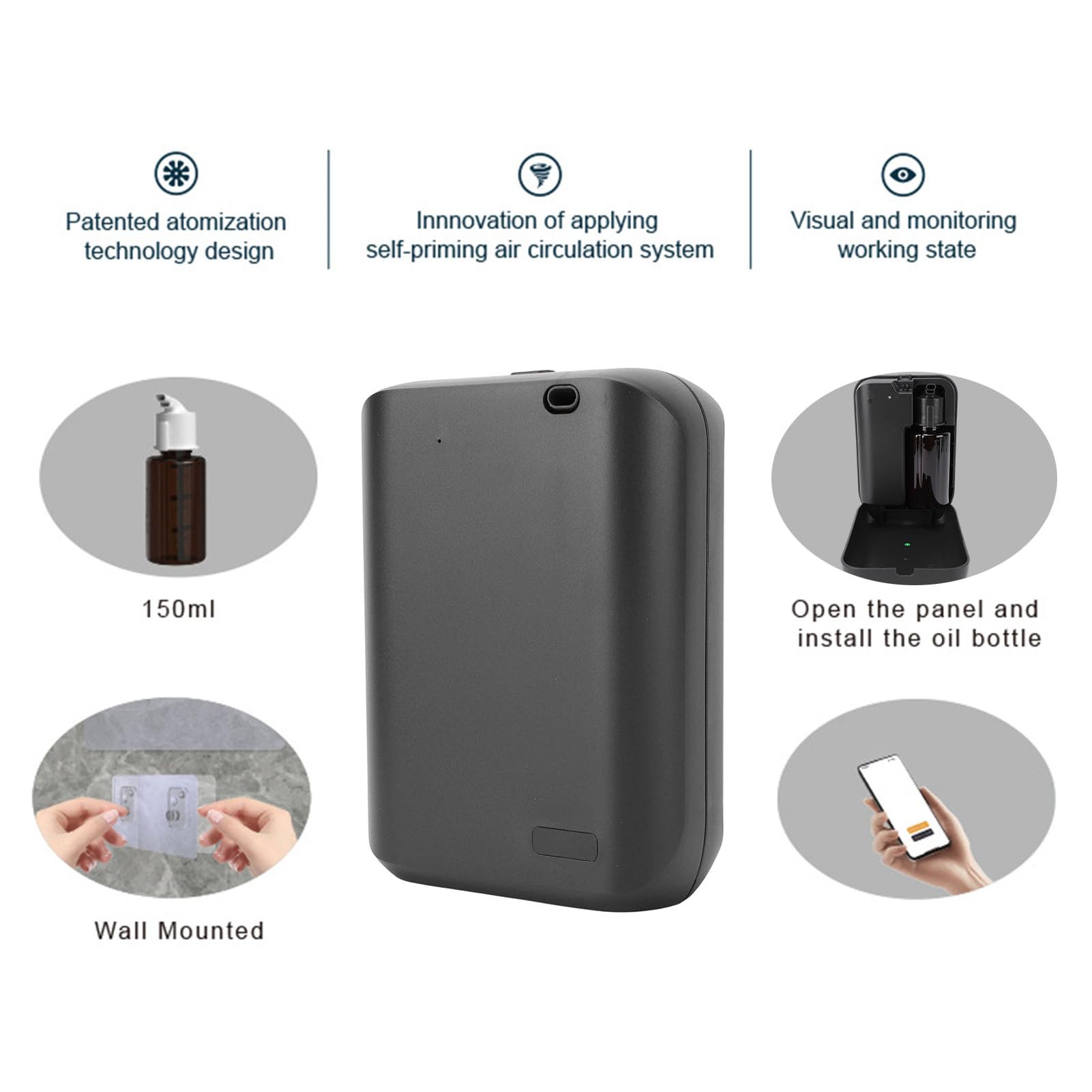 Diffusore di Profumo Professionale, 150ml Macchina per Profumazione Ambienti, Smart Diffusore Aromi con APP, Silenzioso Profumatore per Hotel Commerciale (Black)