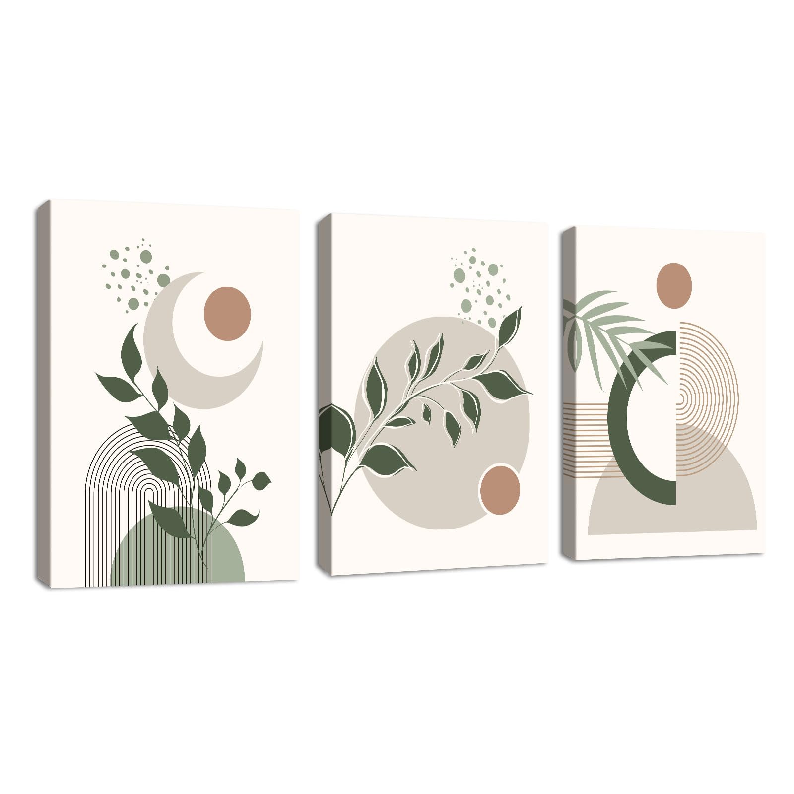 3Pcs Boho Framed Canvas Wall Art for Bedroom Modern Aesthetic Green Botanical Wall Pictures Mid Century Geometric Home Decor Canvas Painting Wall Decor for Living Room Office Ready to Hang 30x40cmx3