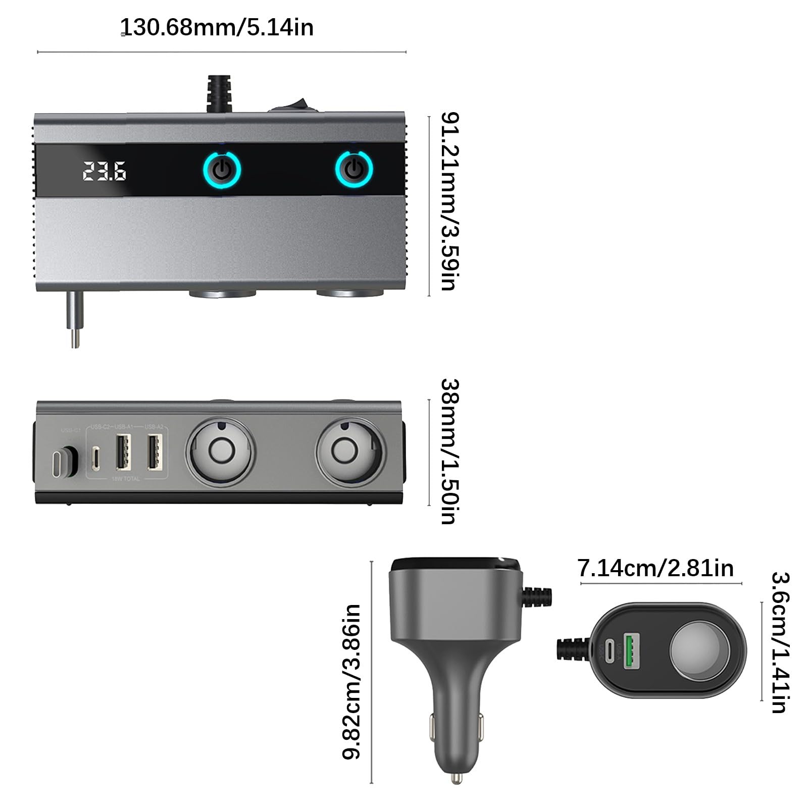 Adaptador de carga de coche 9 en 1 de alta potencia de 120 W con cable USB C retráctil, múltiples puertos para carga rápida PD65 W en Vehi