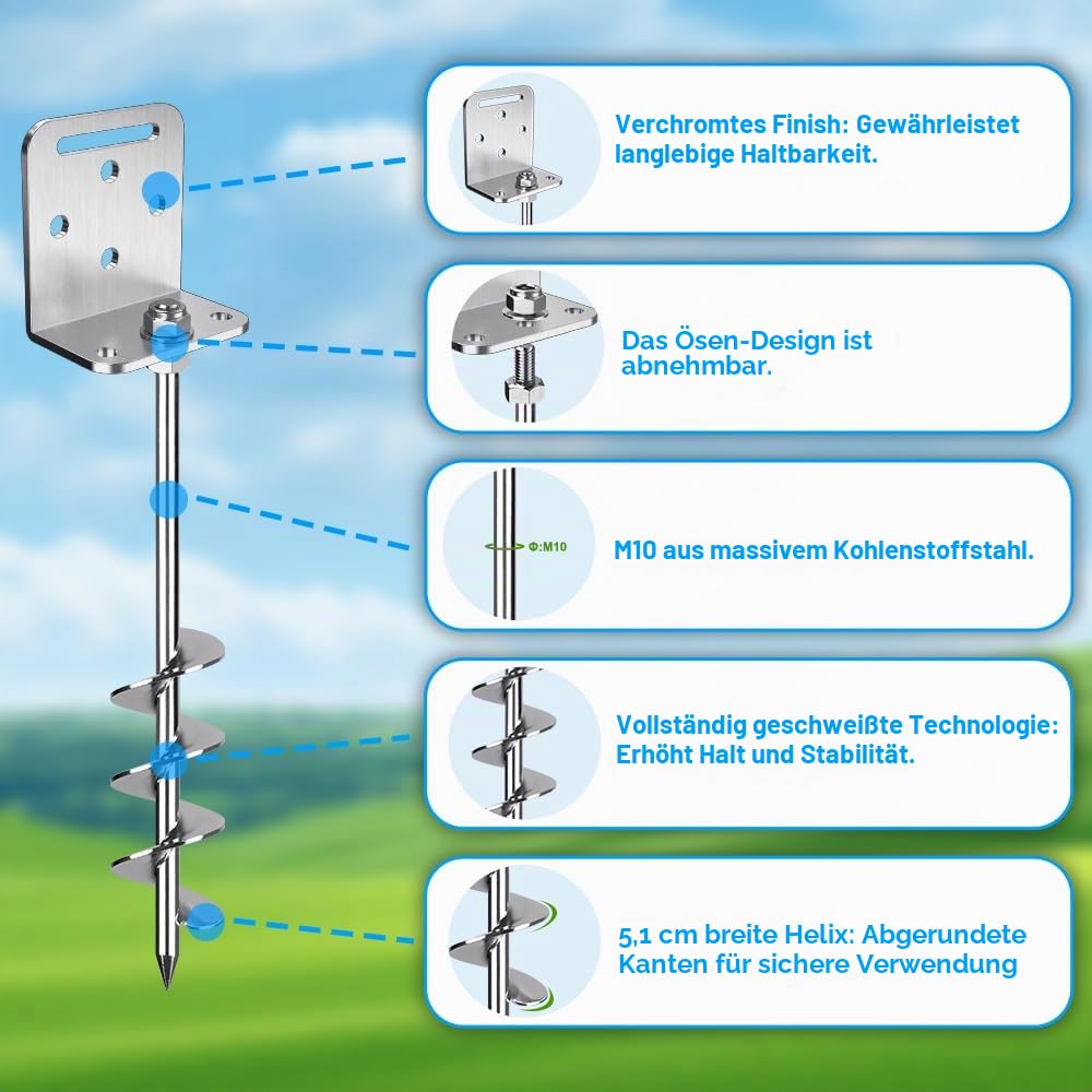Insaga Erdanker zum Einschrauben, 45,7 cm / 61 cm, 10 mm, massiver Stahl mit L-Halterung für Trampolin, Wohnmobil, Schaukel-Set, Schuppen, Carport, Zeltheringe, 5,1 cm Helix-Klinge und verchromte