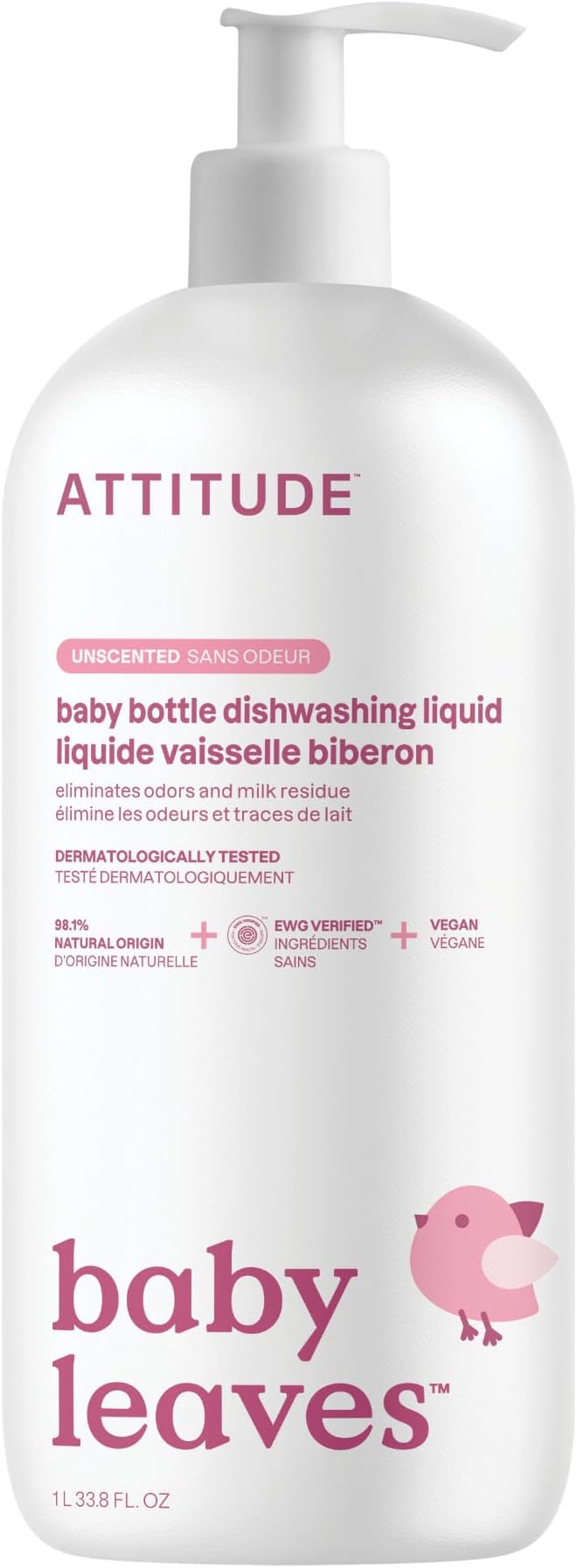 ATTITUDE Baby Dish Soap and Bottle Cleaner, Unscented, 33.8 Fl Oz