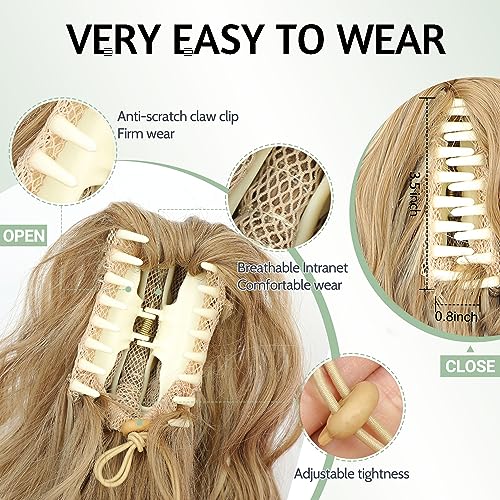 FINE PLUS 18inch Ponytail Extension Highlights Curly Wave Claw Clip in Ponytail Hair Extensions for Black Women Brown with Blonde Pony Tail Hair Hairpieces for Daily Party Use Curly Ponytail Extension - Image 4