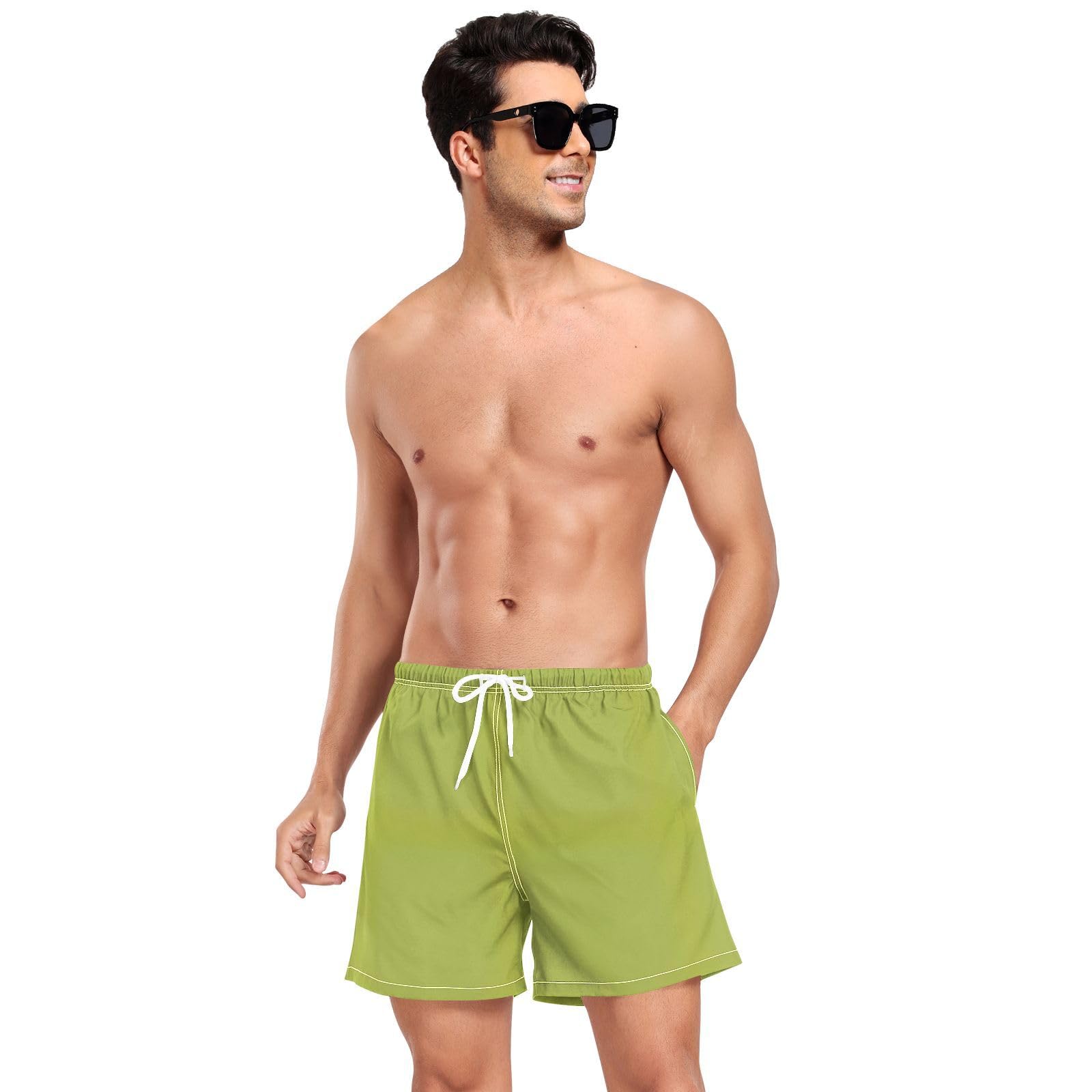 Moderate_Lime_Green_Solid_Color_Yellow_Green_apronMens Beach Shorts Mens Double Layer Workout Running Shorts with Pockets and Compression Liner Bathing Suit for Men Lightweight