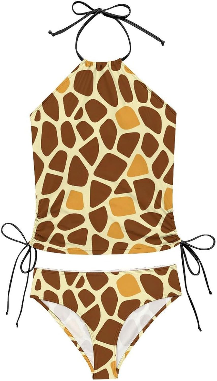Animal Giraffe Skin Women's Tankini Swimsuit Two Piece Tummy Control Bathing Suits Tie String Swimwear
