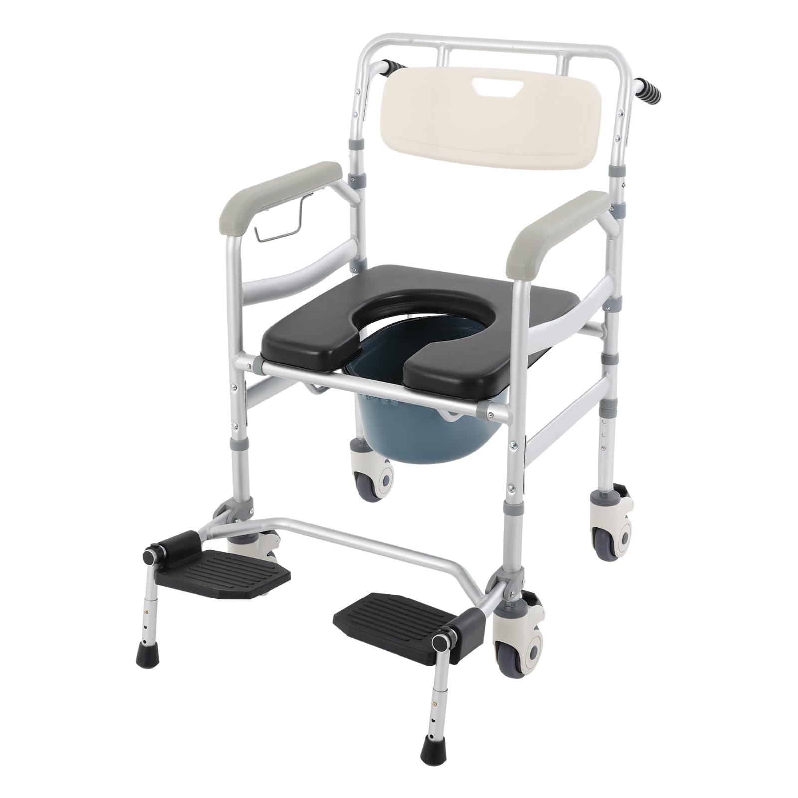 Silla de inodoro con ruedas y cubo, silla de ducha 3 en 1 y silla de aseo regulable en altura, silla de ruedas móvil para personas mayores y discapacitados, asas antideslizantes y 4 frenos, 172 kg
